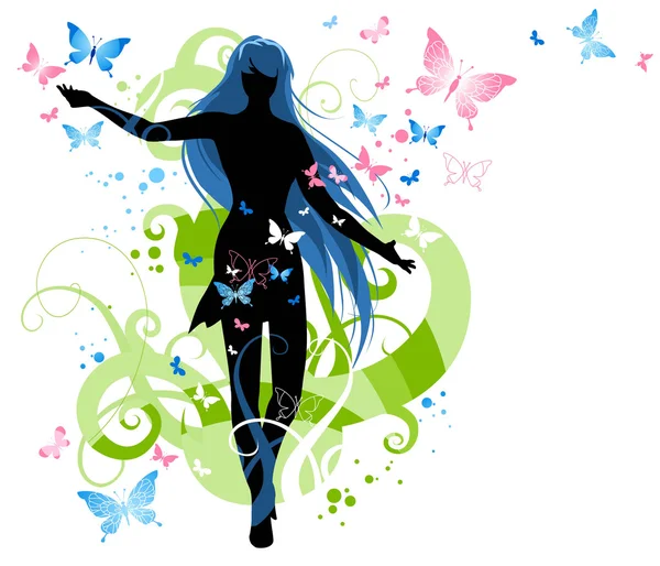 Female silhouette and butterflies — Stock Vector