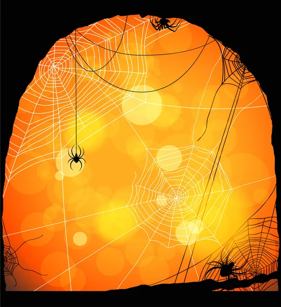 Spiders and web on orange background — Stock Vector