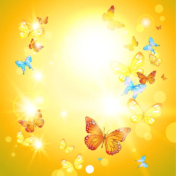 Tarjeta de verano con sol y mariposas — Vector de stock