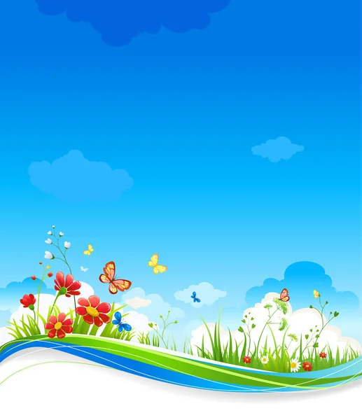 Hermoso paisaje de verano con flores — Vector de stock