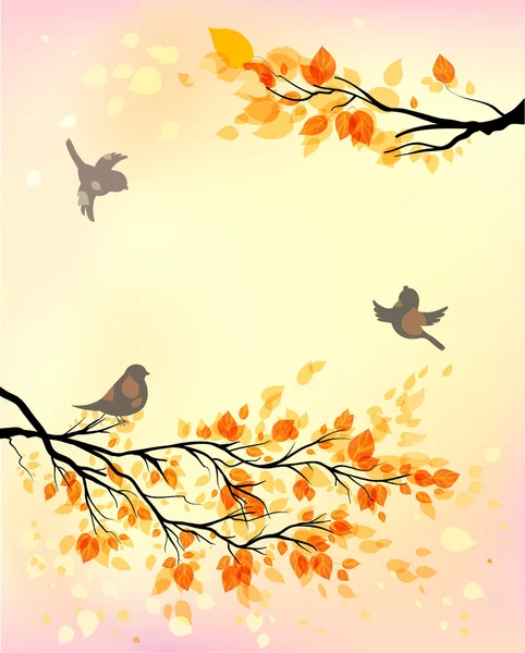 Fondo otoñal con aves y hojas amarillas — Vector de stock