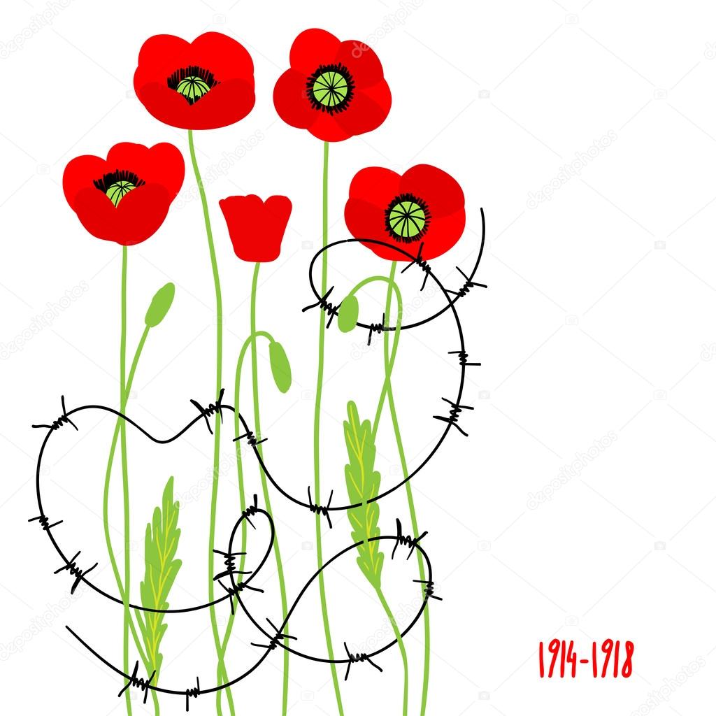 Red poppies and barbed wire. Simbol of the fallen. Place for text