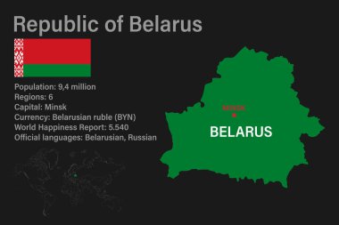 Dünyanın bayrak, sermaye ve küçük haritasıyla son derece ayrıntılı Belarus haritası