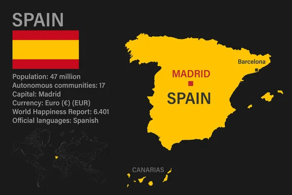 Mapa Espanha Altamente Detalhado Com Bandeira Capital Pequeno Mapa Mundo —  Vetores de Stock