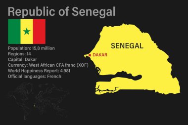 Dünyanın bayrak, sermaye ve küçük haritasıyla son derece detaylı Senegal haritası