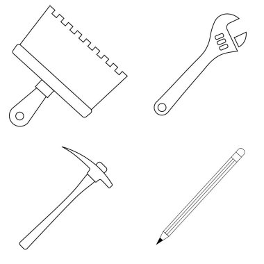 İş simgeleri. Oyuncak bıçak, İngiliz anahtarı, kazma, kalem.