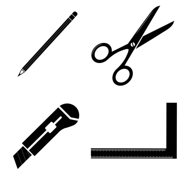 Set Work Icons Pencil Scissors Knife Stationery Ruler Tool — Stock Vector