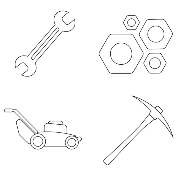 Set Work Icons Spanner Nut Tools Lawn Mower Mashine Mining — Stock Vector