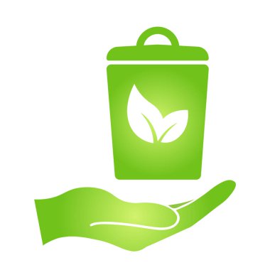 Çöp tenekesinin üzerinde ekolojik geri dönüşüm işareti olan el. Dikkat Özel İmha Gereklidir.