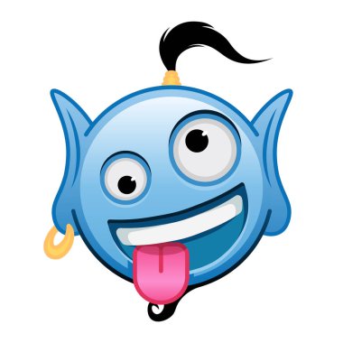 Sırıtan yüzlü, dilli ve büyük gözlü mavi cin çizgi film emojisi. Büyük mavi emoji boyutu