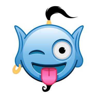 Dili dışarı sarkmış ve göz kırpan mavi renkli çizgi film emoji suratı. Büyük mavi emoji boyutu