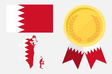 Haritalı basit Bahreyn bayrağı seti ve ağ ve afişler veya uygulamalar ve oyunlar için altın madalya