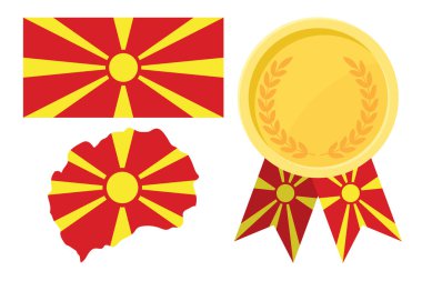 Ağ ve afişler veya uygulamalar ve oyunlar için haritalı ve altın madalyalı basit Makedonya bayrağı