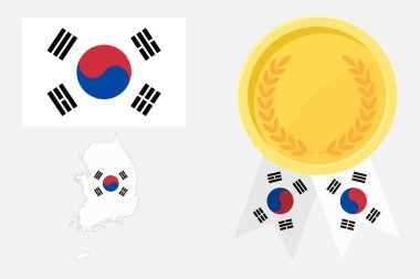 Haritalı ve altın madalyalı basit Güney Kore bayrağı web ve afişleri veya uygulamalar ve oyunlar için