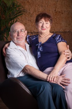 Tatlı yaşlı çift kahverengi bir oturun