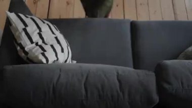 Kameraya bakan mutlu Afro-Amerikalı genç bayan rahat koltuğa otur ve yeni daireye taşındığın için mutlu ol. Gülümseyen siyah kız oturma odasındaki rahat koltukta dinleniyor.