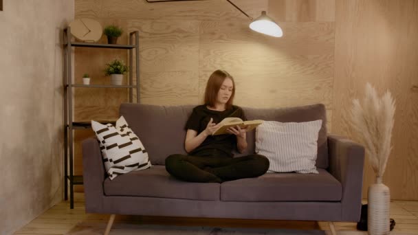 Молодая девушка читает книгу. Девушка сидит на диване. Уютная комната. — стоковое видео
