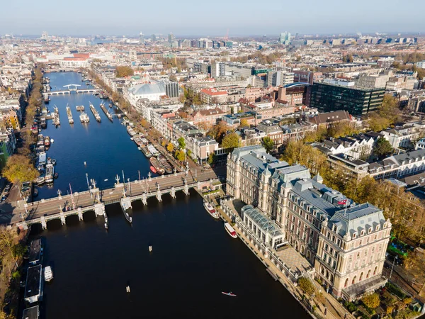 Amsterdam, The Netherlands, 7th November 2020 Aerial view of the Amstel Hotel in Amsterdam And the river Amstel, City hall and Hermitage autumn — 스톡 사진