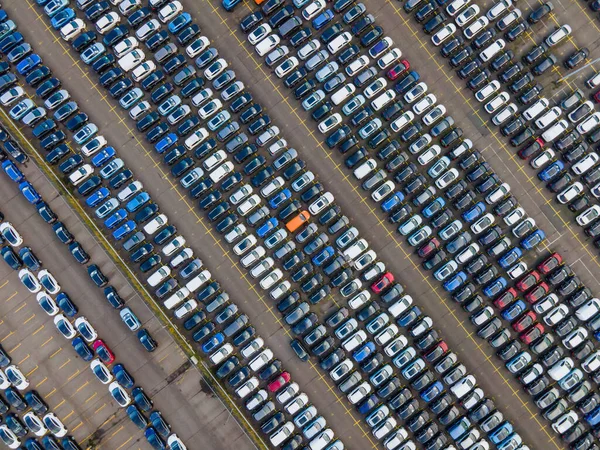 Top view of many parked cars waiting for shipping aerial drone view lined up structured