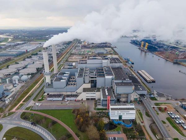 Waste energy recovery plant, Amsterdam Westpoort burning waste to recovery energy. Aerial drone view