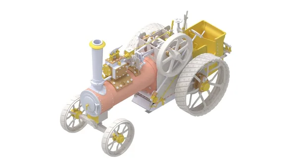 Trator de motor a vapor 3D renderização de um carro mecânico histórico vintage isolado em fundo branco. — Fotografia de Stock