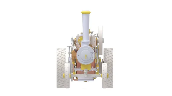 Beyaz zemin üzerinde izole edilmiş tarihi bir mekanik arabanın buharlı motor traktörü 3D görüntülemesi. — Stok fotoğraf