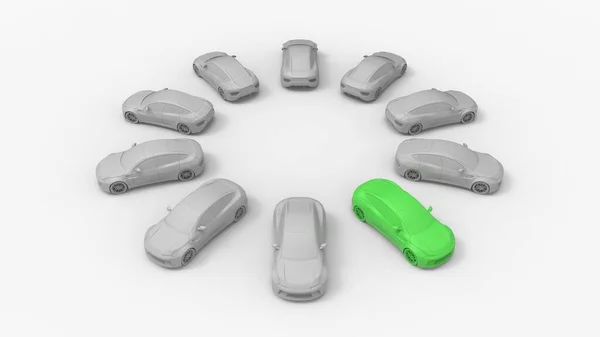 Elektroautos, 3D-Rendering. Mehrere Autos reihten sich vereinzelt im Kreis auf. — Stockfoto