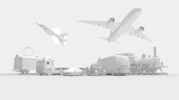 Vehículos de transporte, tren de autobús de avión tren jet jet jet tractor coche alineado y aislado en fondo blanco estudio. — Foto de Stock