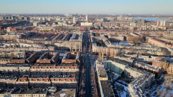 Aerial view of the Indische buurt in Amsterdam East, sunny winter day. The Molukkenstraat, Javastraat and Javaplein. The Netherlands — Stock Video