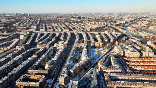 Aerial view of the Indische buurt in Amsterdam East, sunny winter day. The Molukkenstraat, Javastraat and Javaplein. The Netherlands — Stock Video