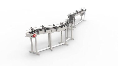 Beyaz arka planda izole edilmiş bir taşıma kemeri üretim makinesinin 3D görüntülenmesi