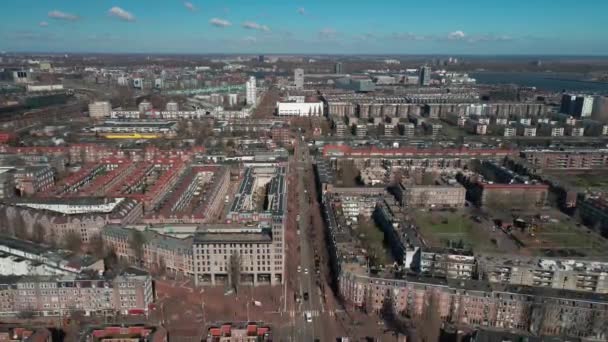 Aerial view of the Indische buurt in Amsterdam East, sunny day. The Molukkenstraat, Javastraat and Javaplein. The Netherlands. — Stock Video
