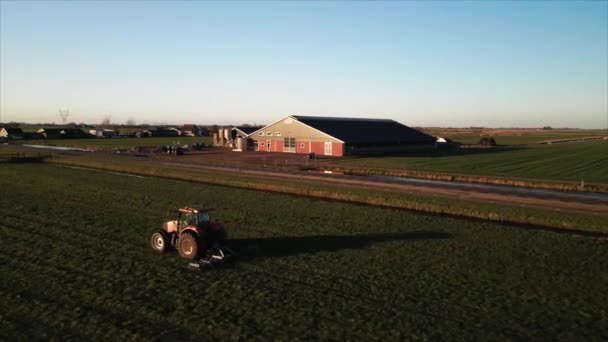 Tractor op een boerderij op een grasland bij zonsondergang filmische beelden van drone vanuit de lucht. — Stockvideo