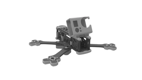 Beyaz zemin üzerinde bir yarış dronu sinematik görüntü aracı bilgisayar modelinin 3 boyutlu görüntülenmesi. — Stok fotoğraf