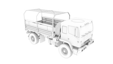 Stüdyonun arka planında izole edilmiş askeri araç lojistik kamyonunun 3D görüntüsü.