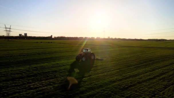 Tractor op een boerderij op een grasland bij zonsondergang filmische beelden van drone vanuit de lucht. — Stockvideo