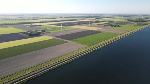 Zicht vanuit de lucht op weg- en windturbines bij Zeewolde, Nederland Europa — Stockvideo