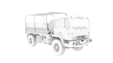 Stüdyonun arka planında izole edilmiş askeri araç lojistik kamyonunun 3D görüntüsü.