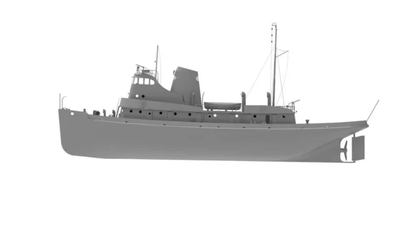 Beyaz arka planda izole edilmiş bir geminin 3 boyutlu görüntüsü. deniz gemisi bilgisayar modeli. — Stok fotoğraf
