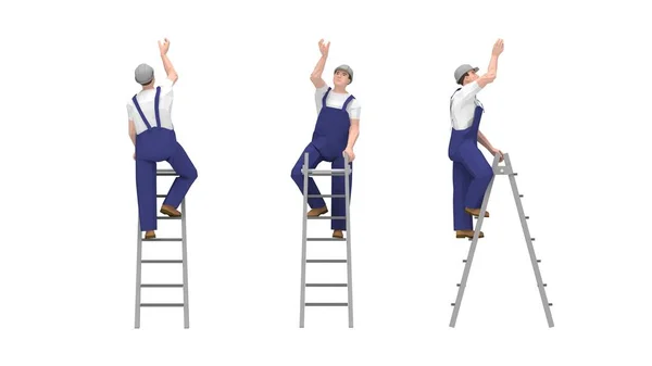 3D weergave van een arbeider op een ladder vanuit meerdere invalshoeken, voor en achter. Geïsoleerd op witte achtergrond — Stockfoto