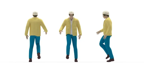 3D renderização de um trabalhador de chapéu duro com uniforme de roupa protetora do lado da frente e das costas isolado no branco. — Fotografia de Stock