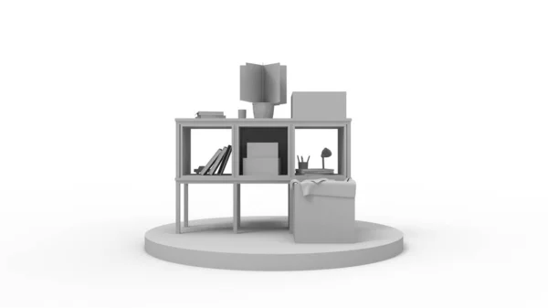 Rendu 3D d'une petite armoire rangeur sur un podium isolé sur fond blanc. — Photo