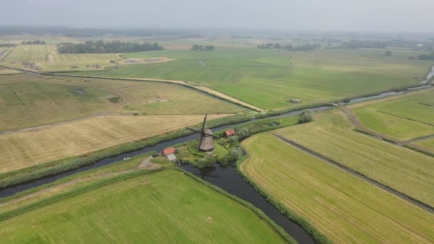 Cena de natureza holandesa com moinho de vento histórico na Holanda perto de Egmond. — Vídeo de Stock