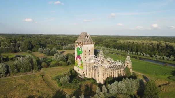 オランダ、ヨーロッパの森の中の未完成の城の唯一の城の未完成の廃墟. — ストック動画