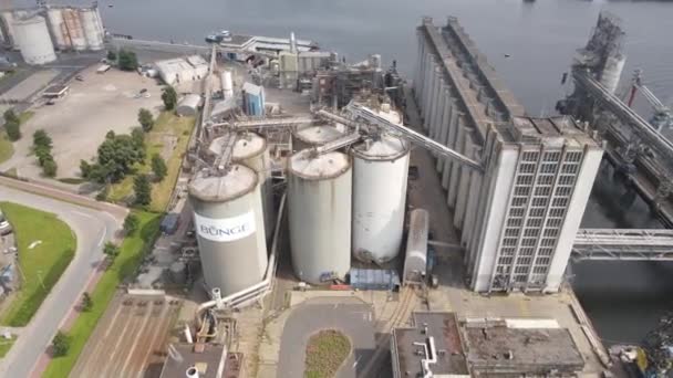 Amsterdam Westpoort, 11 de julho de 2021. Fábrica Bunge planta de processamento de soja ao longo da água, empresa agrícola na zona industrial do porto. — Vídeo de Stock