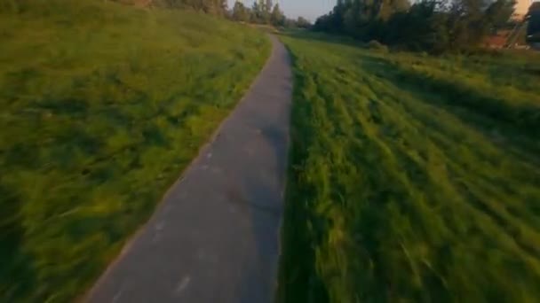 Létání nad chodcem a cyklistickou stezkou přes přírodní pastviny. Infrastruktura kolem Amsterdamu, Nizozemsko. Cyklistická stezka nízko nad. — Stock video