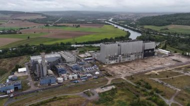 Natural gas power plant production unit of 440MW. Blenod, France. Aerial drone video of facility overview.