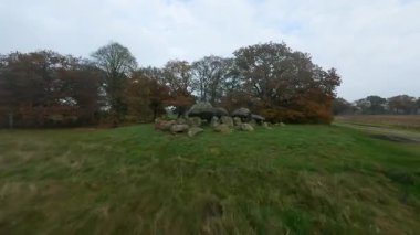 Dinamik FPV insansız hava aracı videosu Hollanda 'nın Drenthe eyaletinde tarih öncesi bir megalitik dolmene yakın uçuyor ve güzel bir sonbahar manzarasının ortasında antik anıtı sergiliyor..