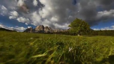 Soluk kesici hava görüntüleri yemyeşil bir çayırda ilerliyor. Dolomitlerin çarpıcı dağ zirvelerini gözler önüne seriyor. Güney Tyrol, İtalya 'da dramatik bulutlu bir gökyüzü altında.