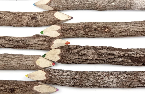 彩色的铅笔蜡笔套在自然木棍 — 图库照片
